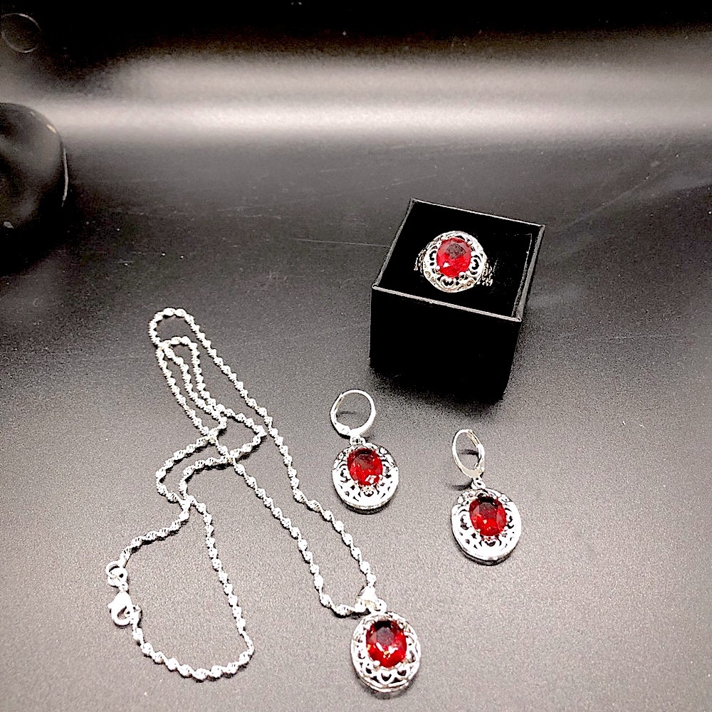 Silver and red 3 pc jewelry set